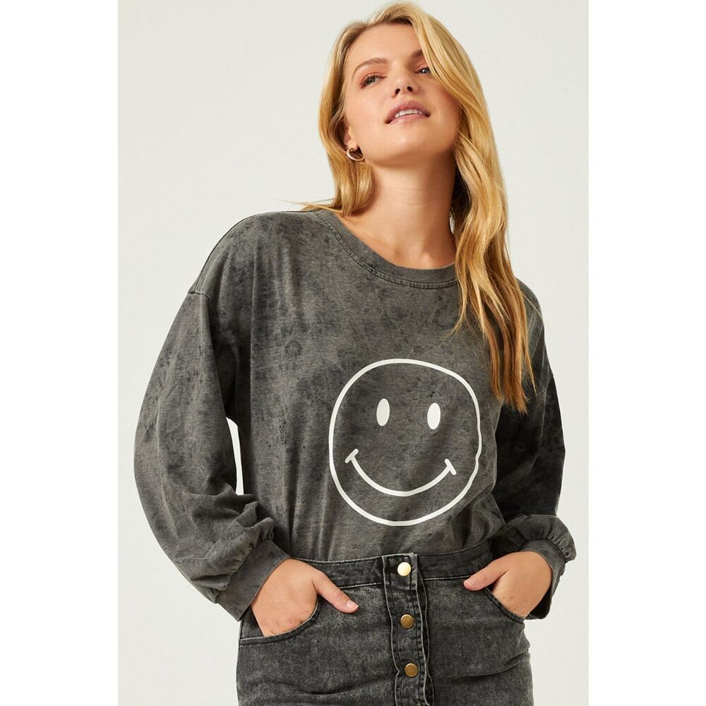 HAYDEN Sunni Smiley Face Black Wash Sweatshirt Misses Large